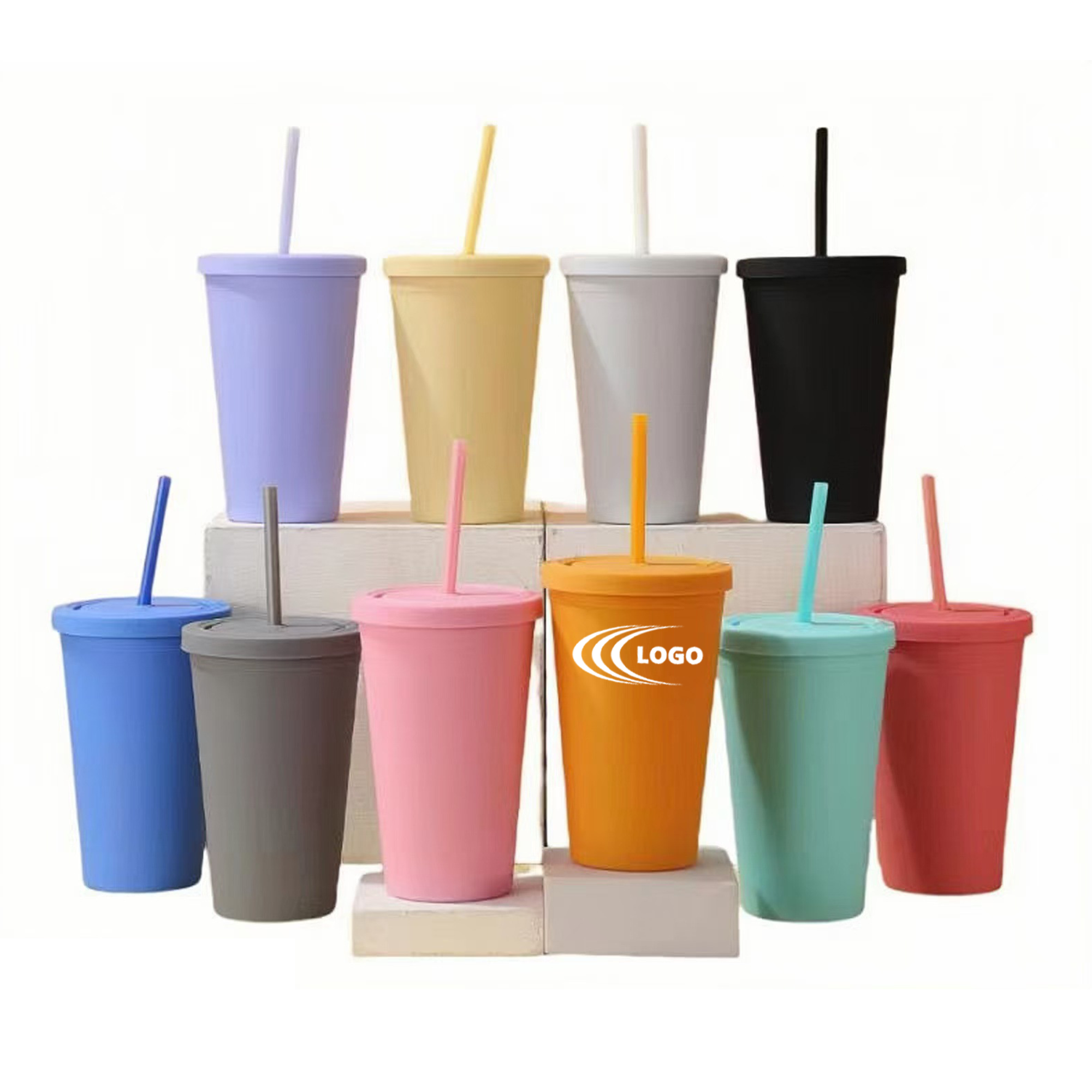 24oz Double-Wall Plastic Straw Cup - Insulated & Durable 2