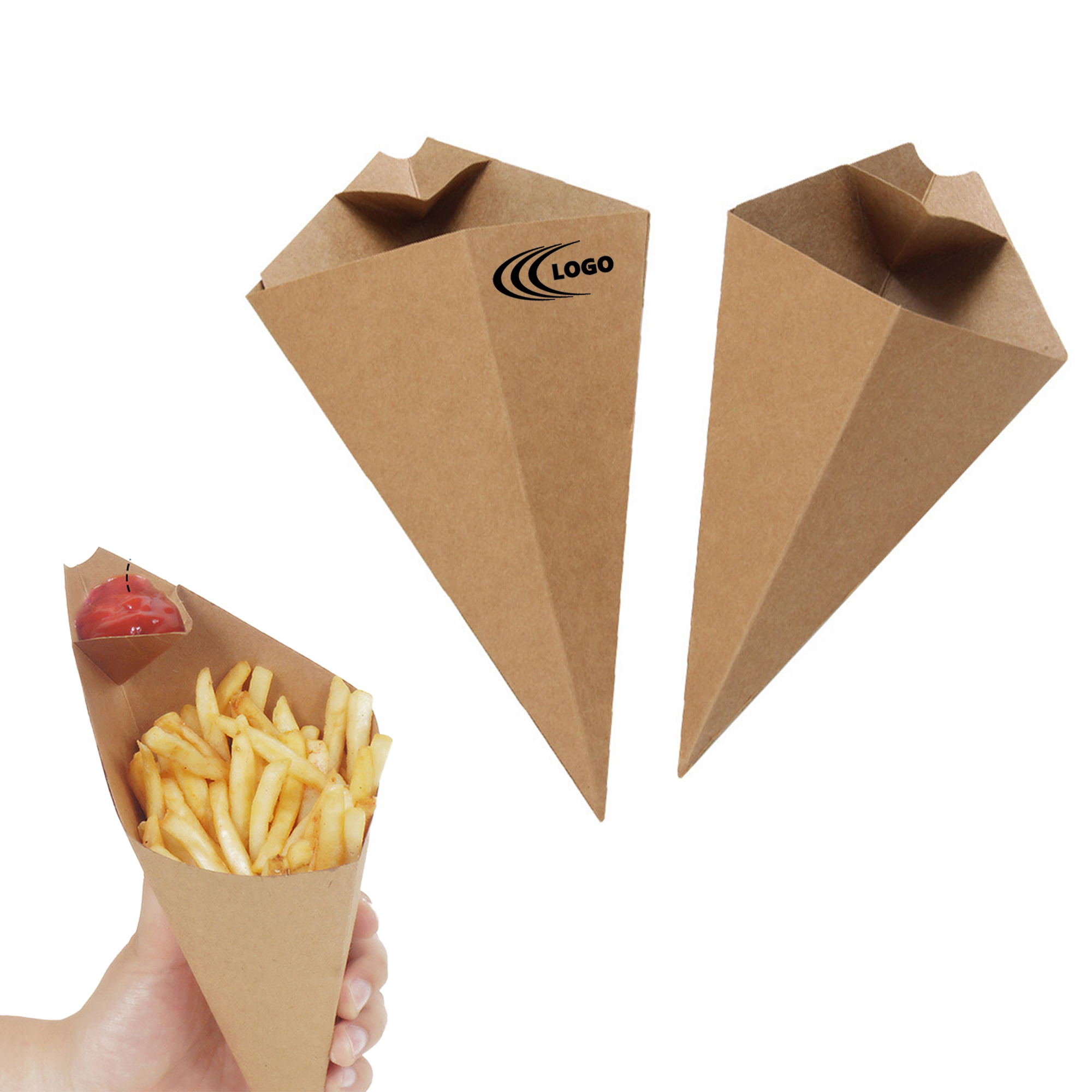 Disposable Kraft Paper Cone Fries Box with Sauce Section 2