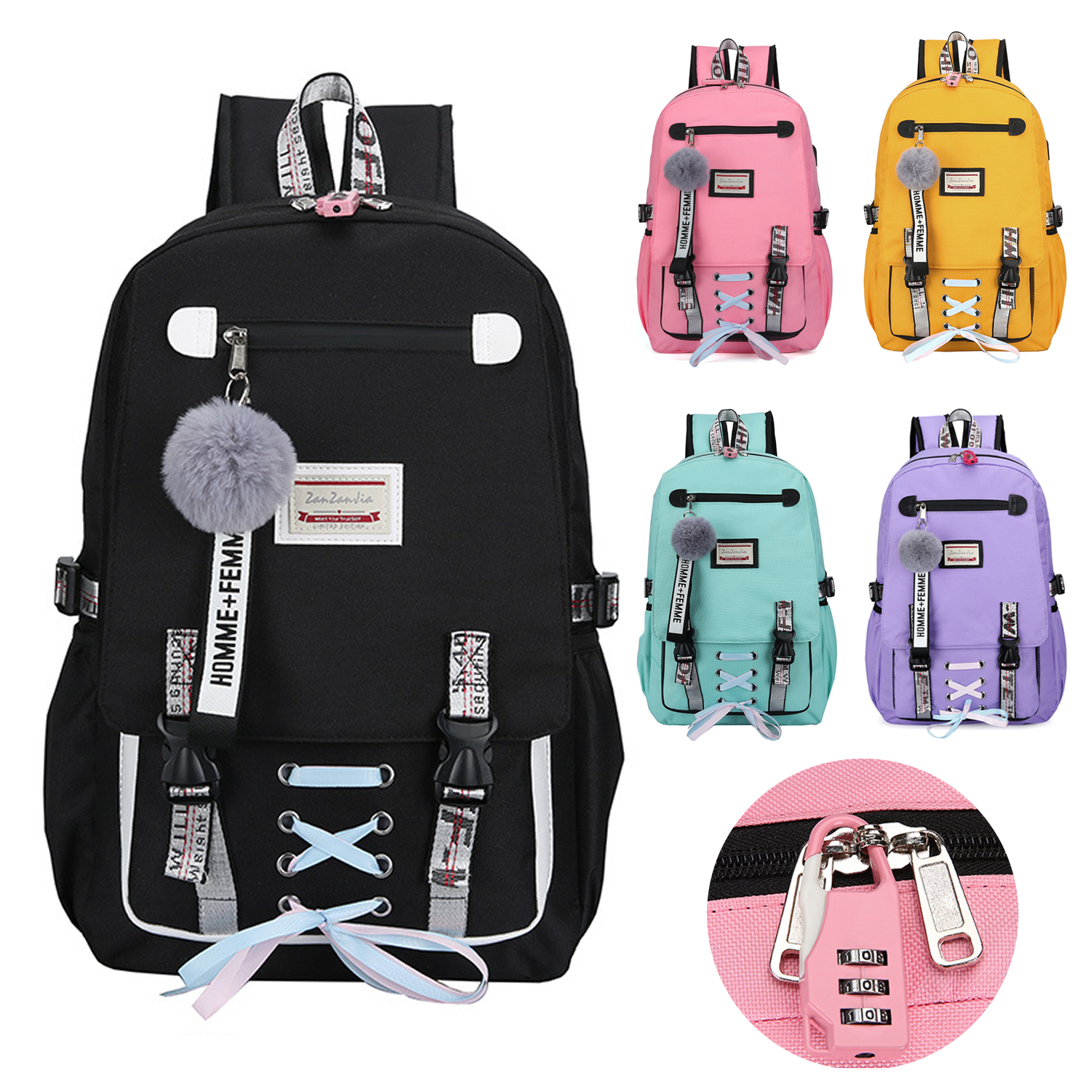 Polycotton Combination Lock School Backpack w/ USB Port 6