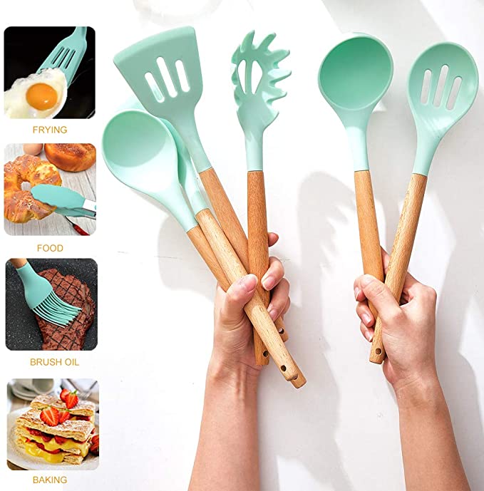 12 Pcs Non-stick Silicone Cooking Kitchen Utensils Spatula Set w/ Holder Wooden Handles 11