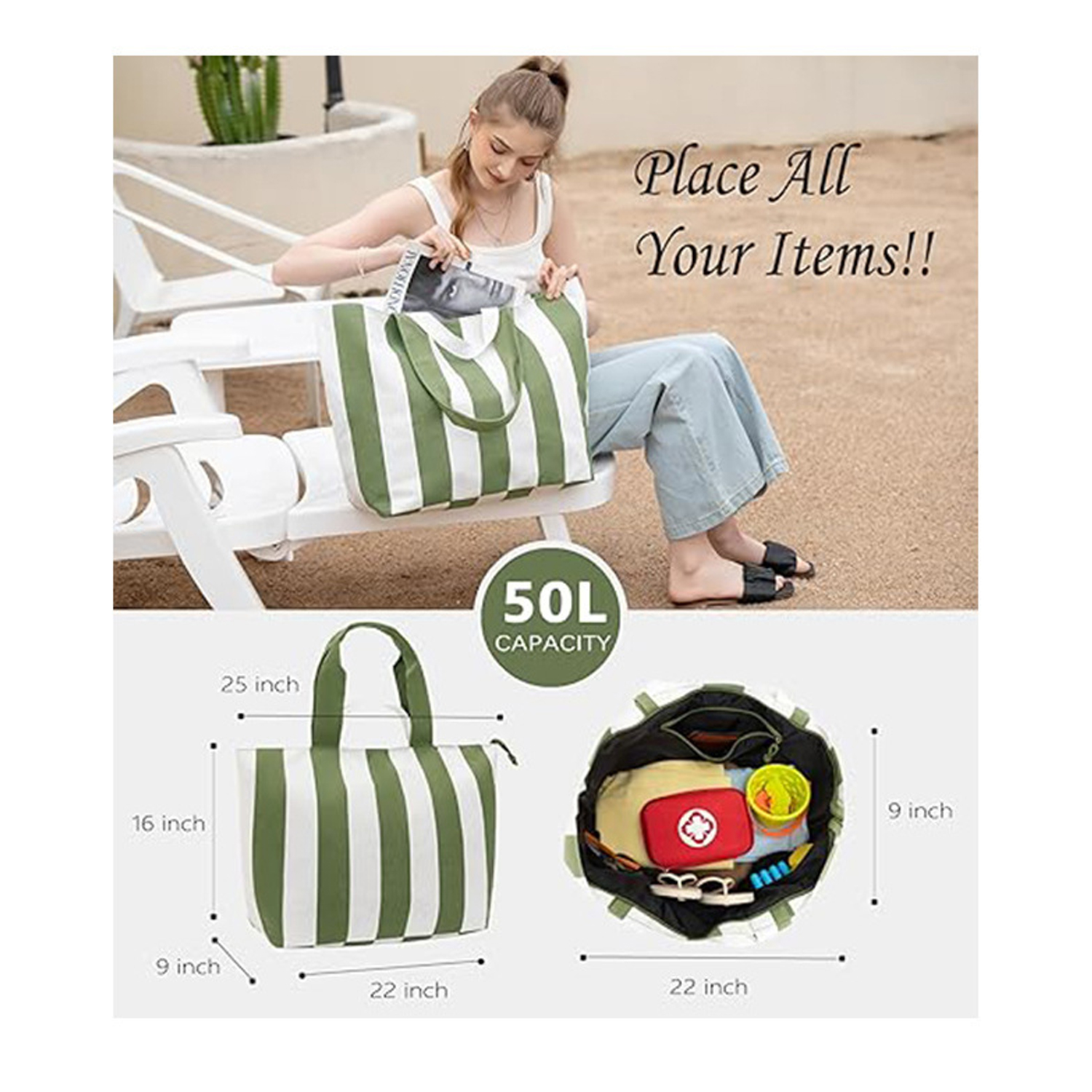50L Large Capacity Canvas Zipper Beach Tote Bag 3