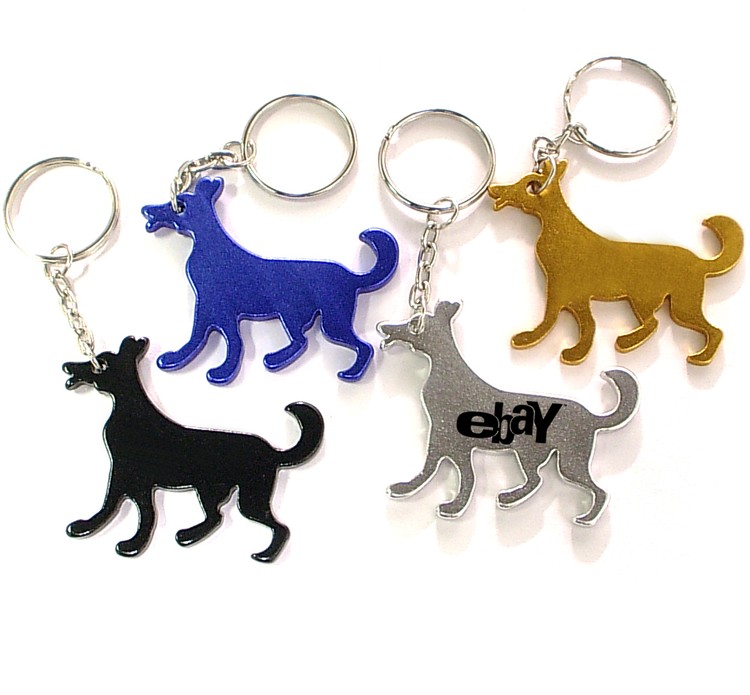 Dog shape bottle opener with key chain.