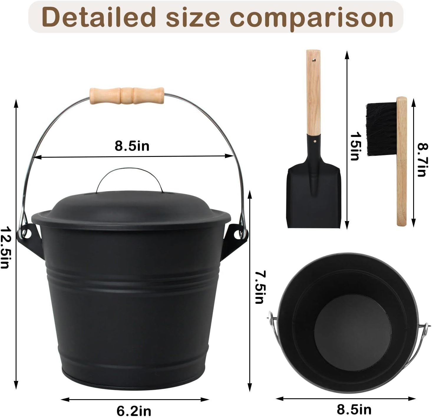 Mini Fireplace Ash Bucket Set w/ Lid, Brush & Shovel 7