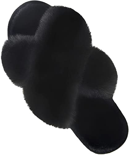 Women's Cross Band Slippers Soft Plush Furry Cozy Open Toe House Shoes 3