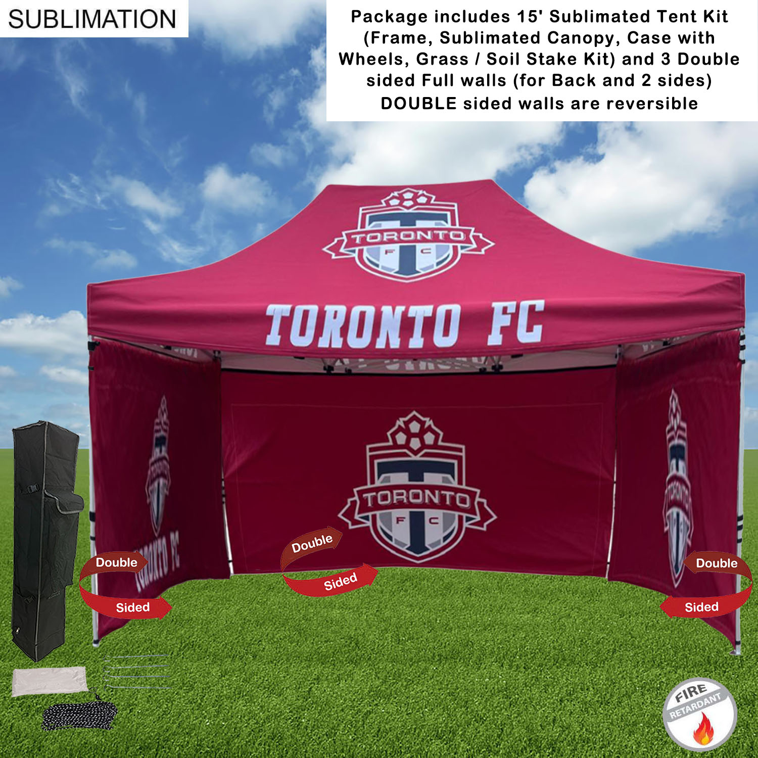 Full Privacy Tent Package, 15' Sublimated Tent kit, 3 DOUBLE sided Full walls for back and 2 sides 12