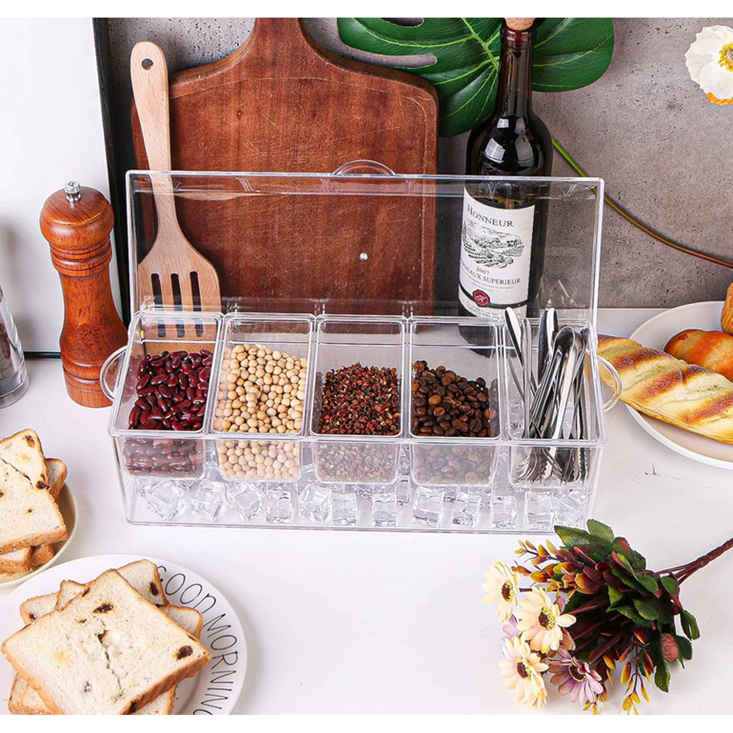 5-Compartment Clear Chilled Condiment Server w/ Lid 5