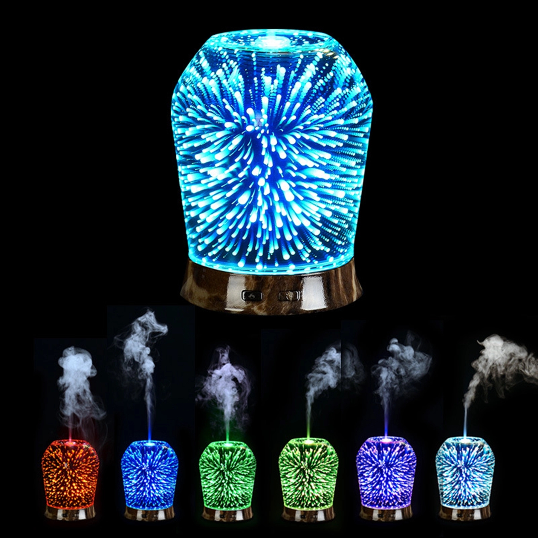 3D Fireworks Glass Wood Essential Oil Diffuser 1
