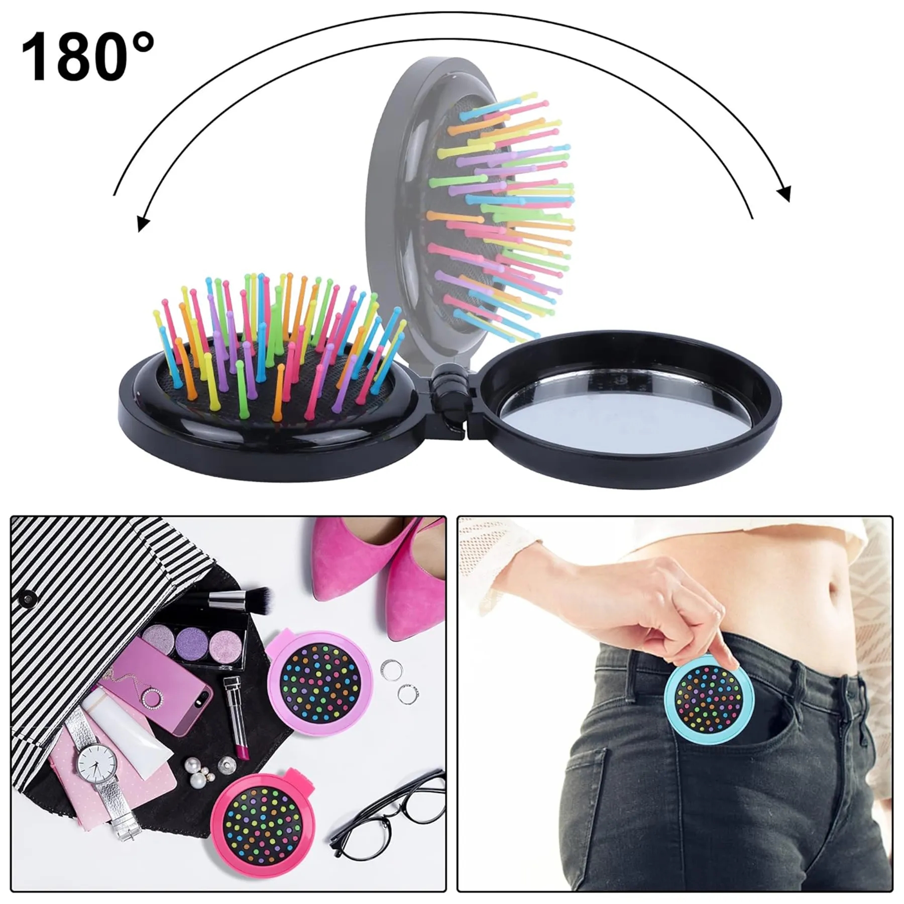 Round Mini Compact Massage Comb With Mirror 5