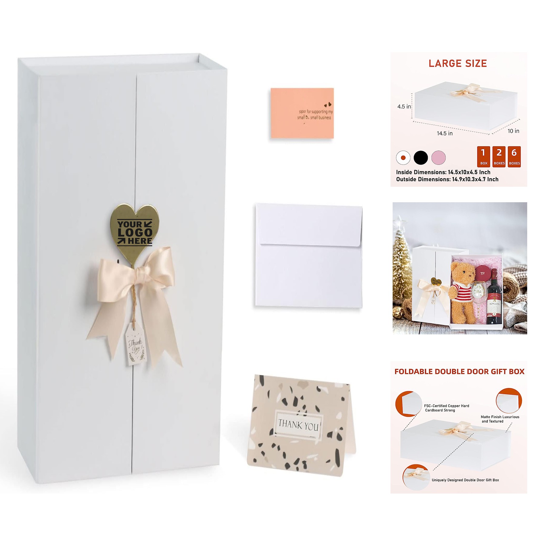 14.5" x 10" x 4.5" Large White Gift Box with Ribbon Card 2