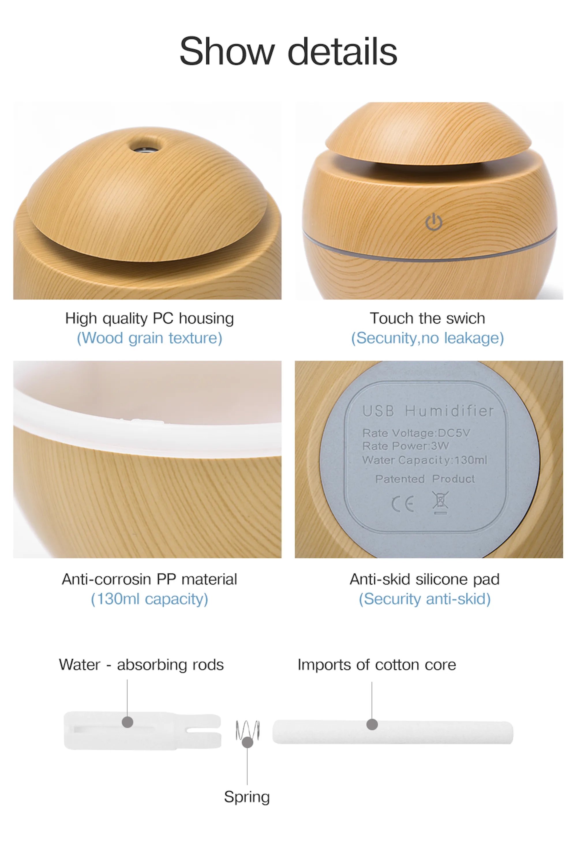 130ml USB Electric Air Humidifier Wood Grain 7 Color LED Lig 9