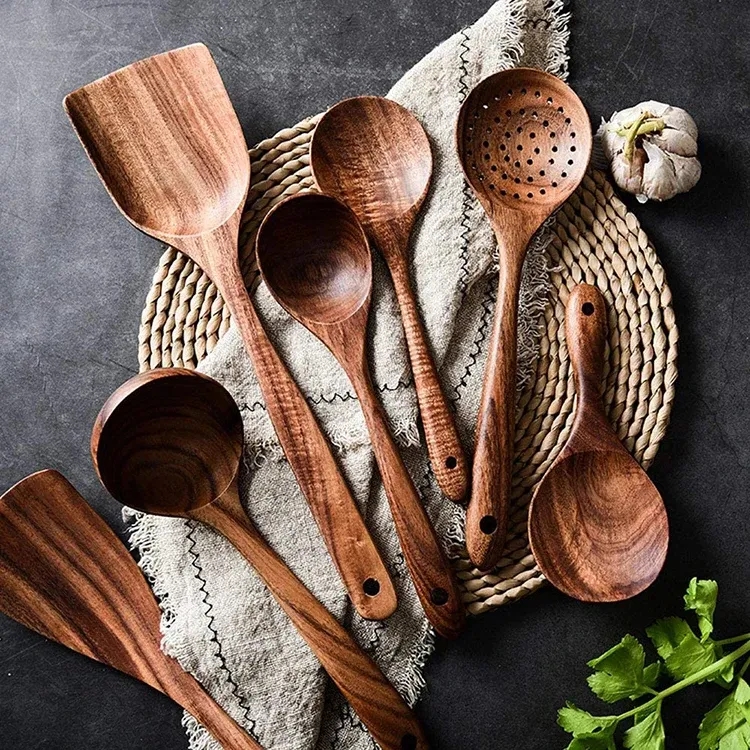 8 Pcs Eco-Friendly Natural Teak Wooden Spoon Spatula Set 5