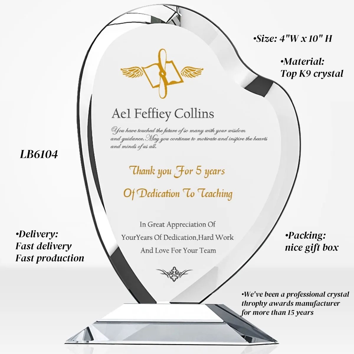 Custom Crystal Heart Award Glass Trophy 3