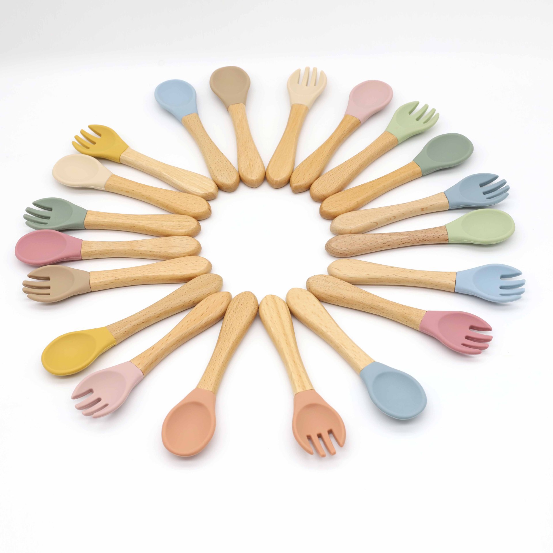 Baby Feeding Wooden Handle Silicone Fork & Spoon Set 6