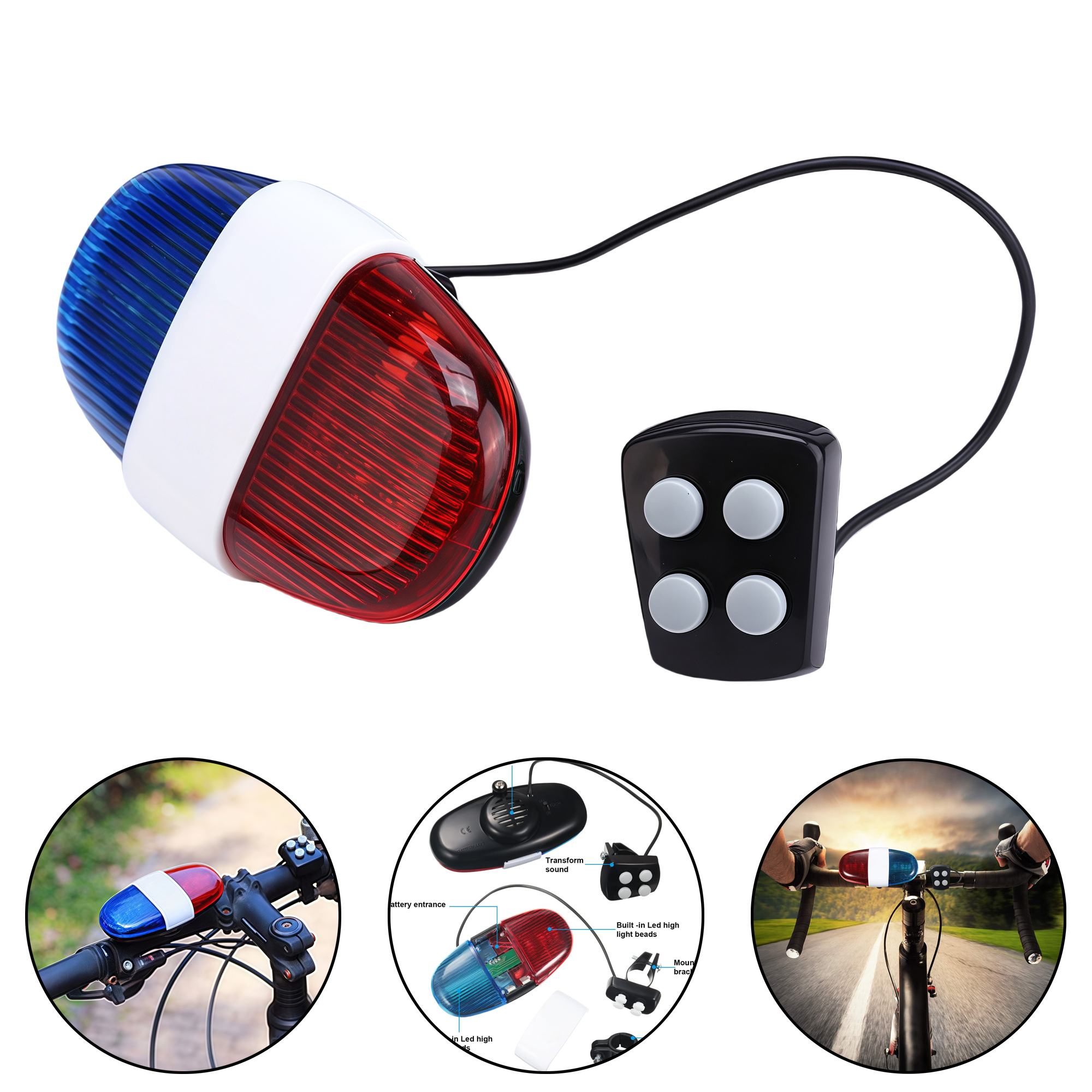 Bicycle Red Blue Warning Horn Light with Bell 2