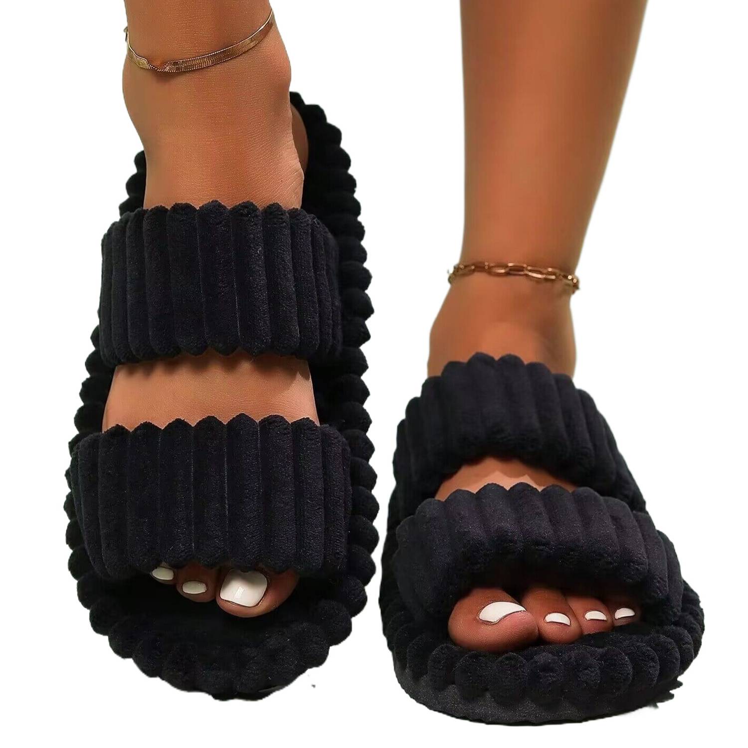 Women's Plush Open-Toe Anti-Skid Double Strap Cotton Slipper 6