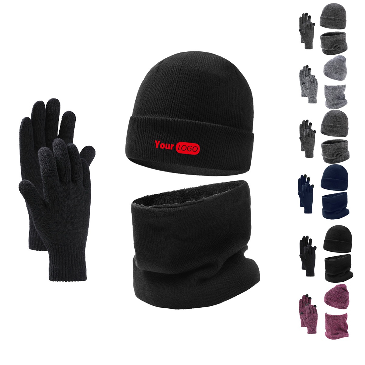 Plush Winter Knit Beanie, Neck Scarf, And Gloves Pack 3