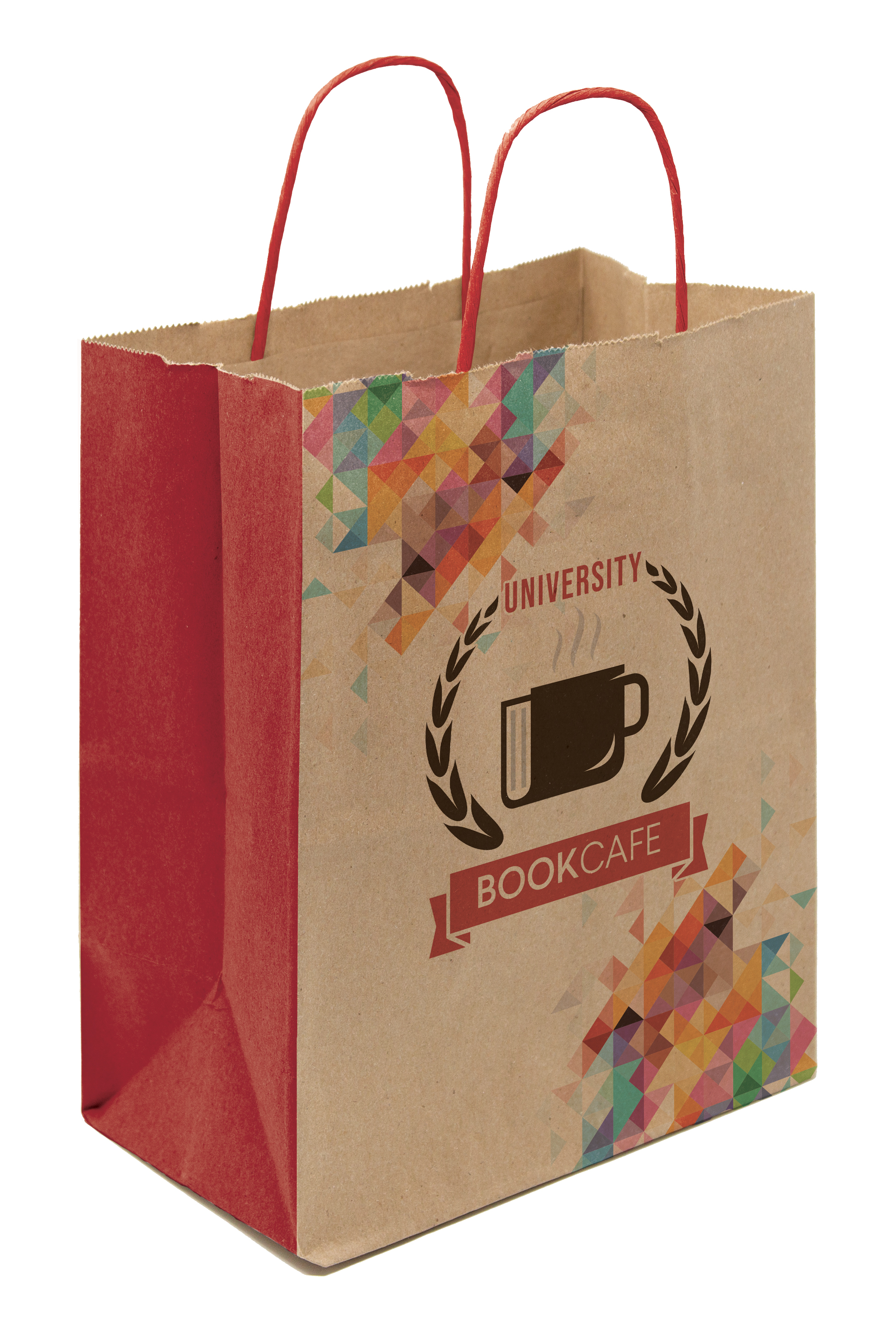 Multi-Sided Full Color Natural Shopper Paper Bag - Red Handle (8.25 x 10.25 x 5)