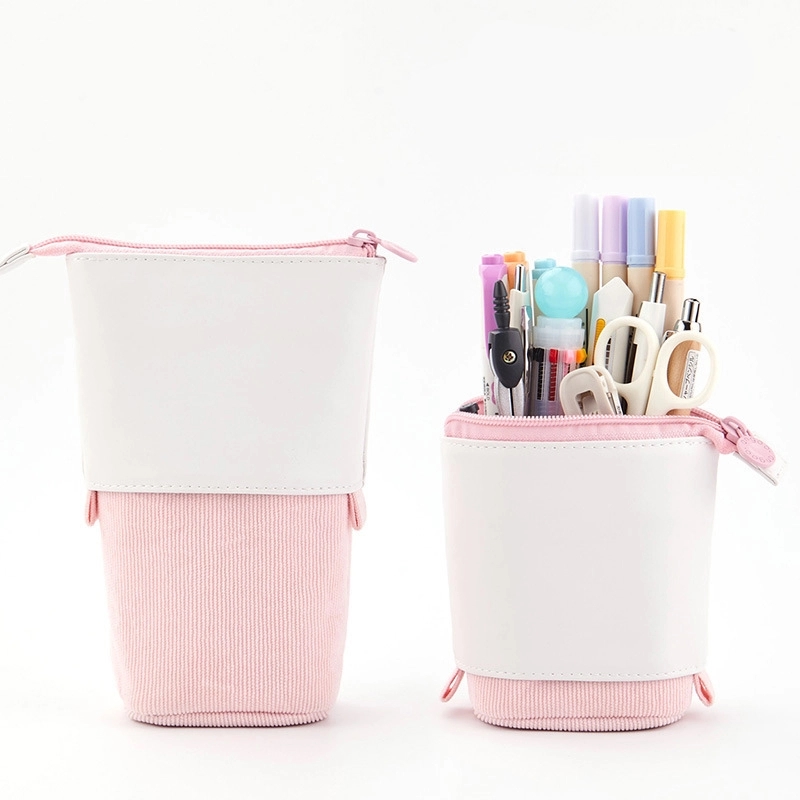 PU & Corduroy Stand-up Retractable Pen Pencil Organizer Bag 5