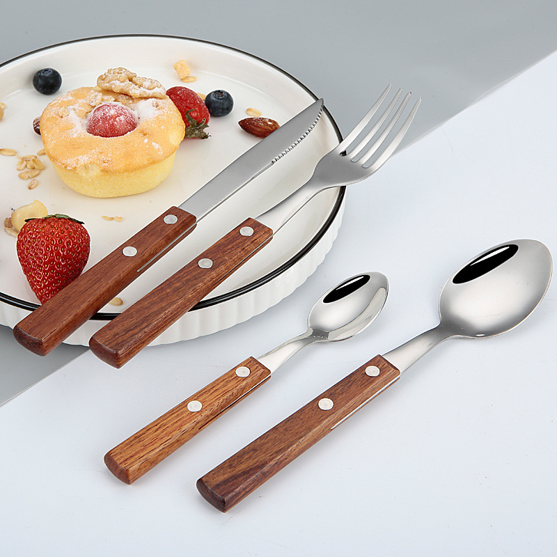 4 pcs Steak Knife Fork Spoon Set Wooden Handle 8