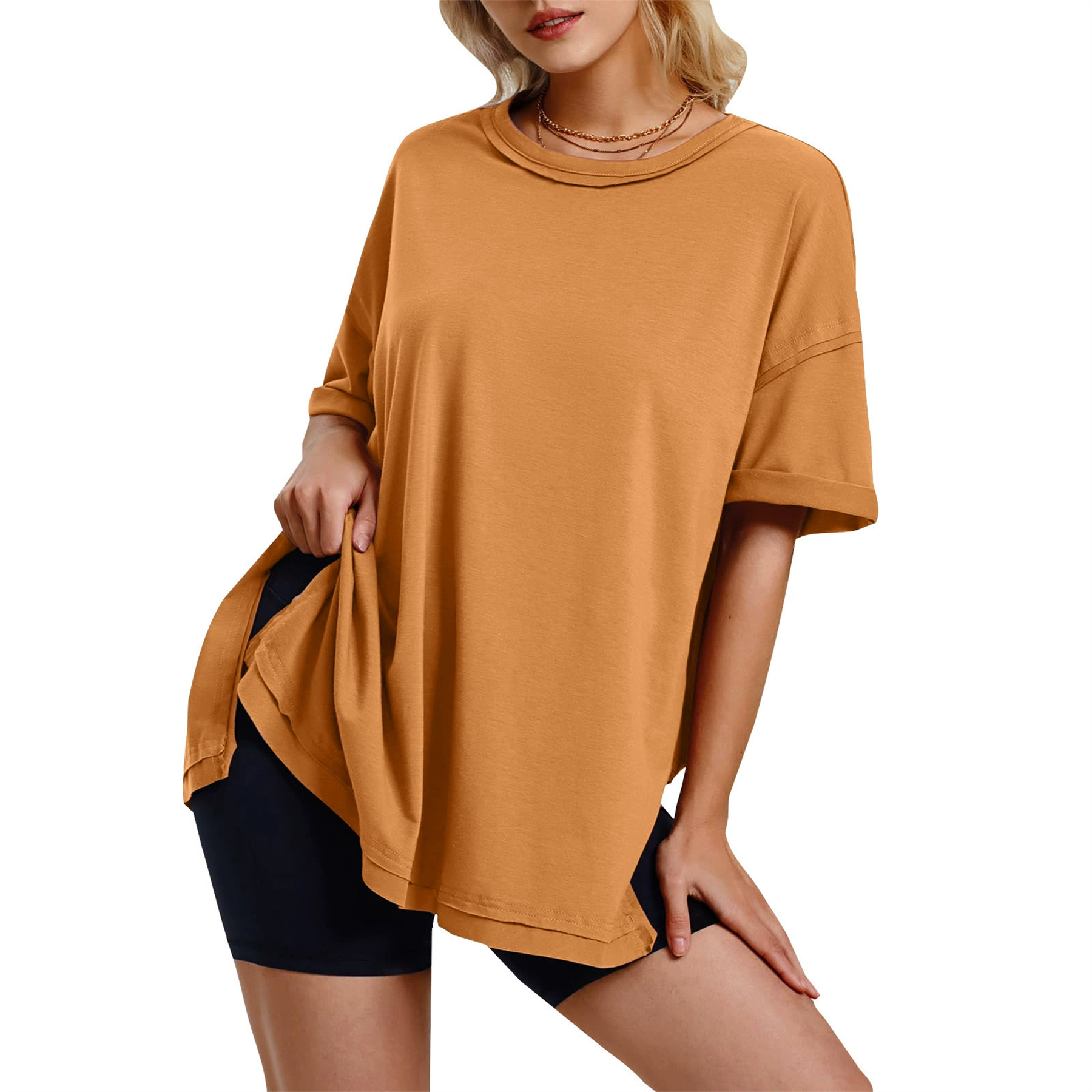 Solid color cotton round neck side slit loose T Shirt 3