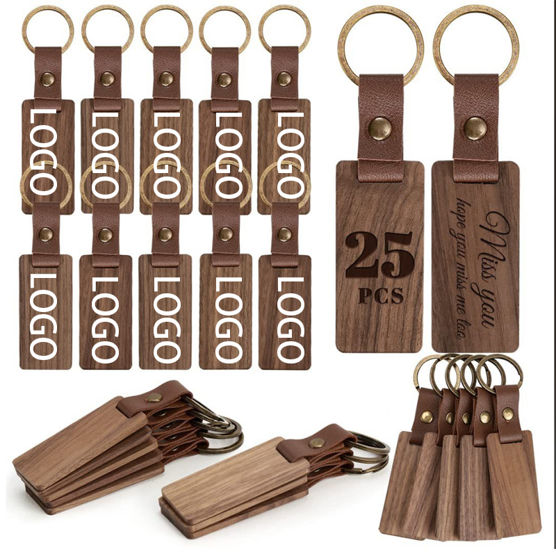 Elegant Wooden Keychain with Leather Strap - Personalized Engraving 1