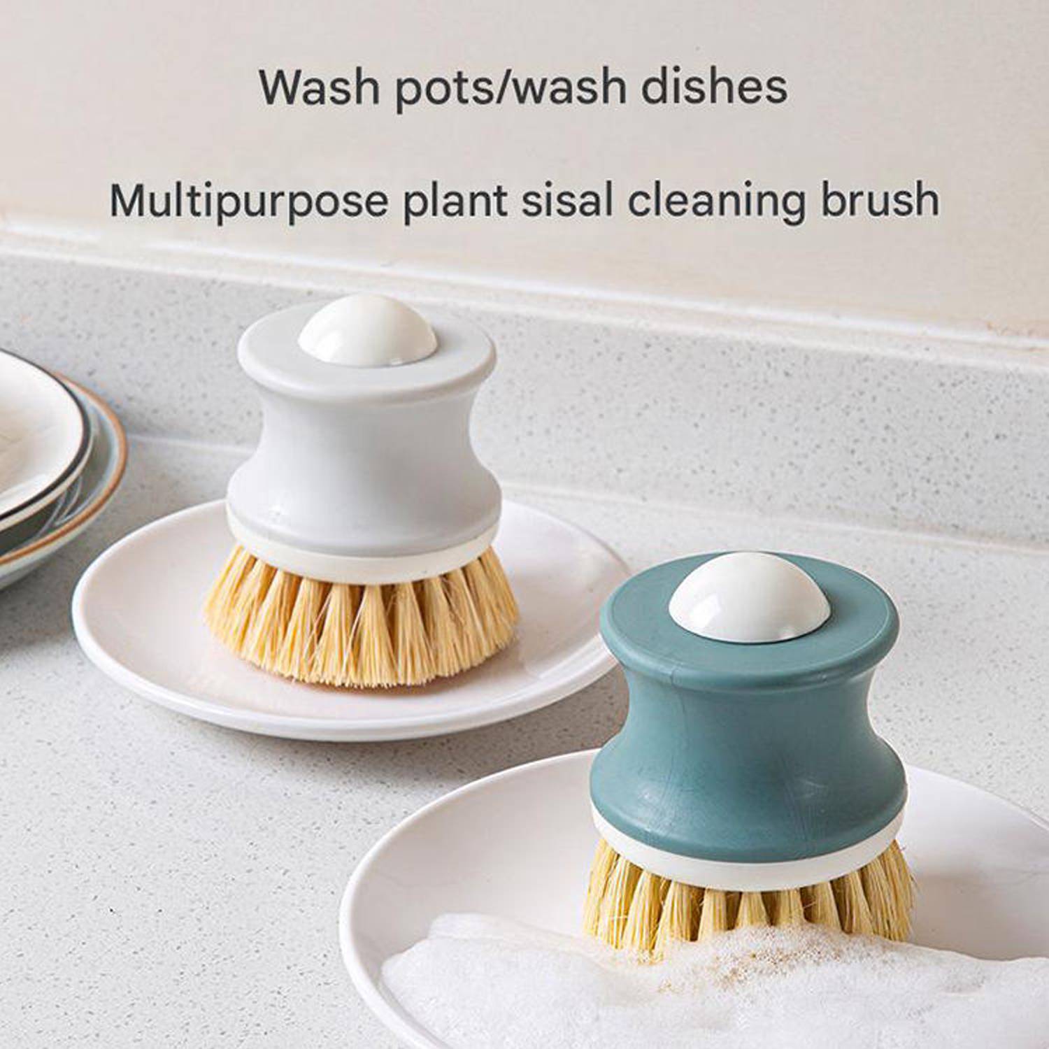 Kitchen Plastic Sisal Dish Brush w/ Handle 8