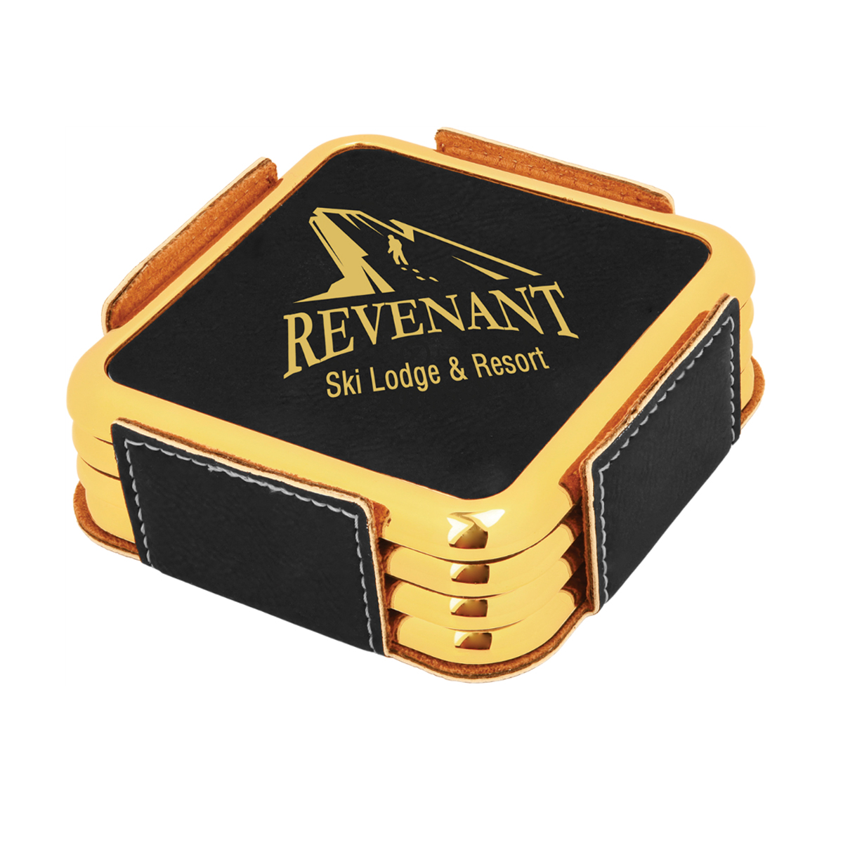 4pcs - 3-5/8" Leatherette Square Coaster Set with Gold Trim (w/Holder)