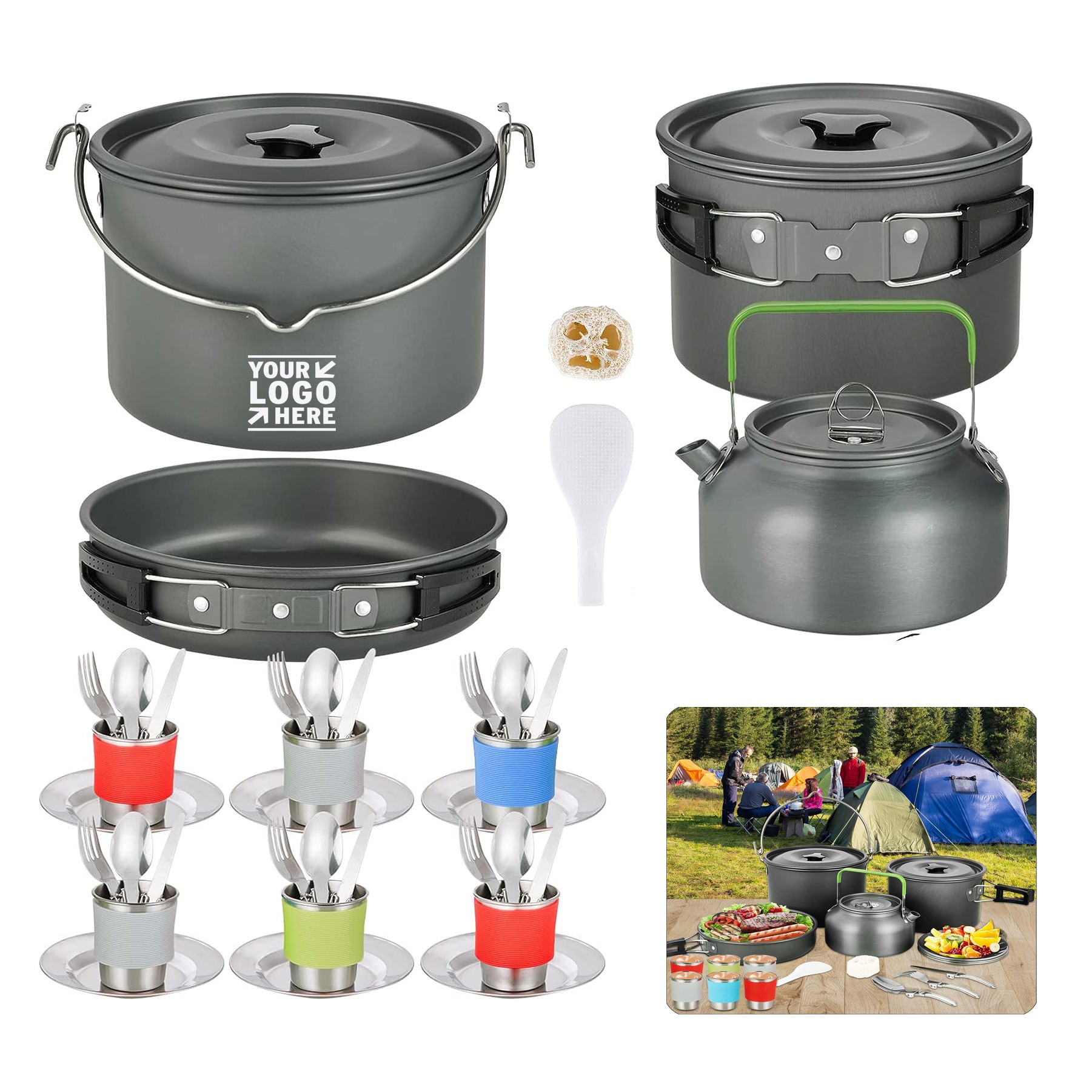Outdoor Picnic 37 PCs Hanging Pot Cups Dishes Forks Spoons Knives Camping Cookware Mess Kit Set 3