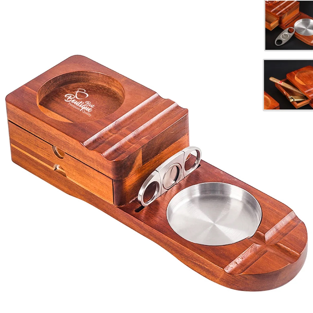 Wooden Cigar Humidor Ashtray Coaster Whiskey Glass Tray Set 2