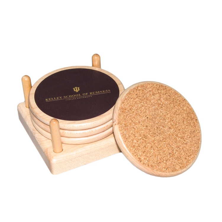Round Wood 4 Coaster Set with Leather Inlay 17