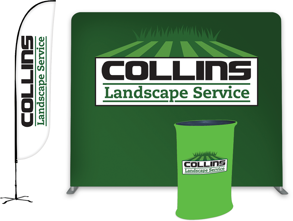 8ft Display Wall, 9ft Feather Flag & Pop-Up Podium Table 1