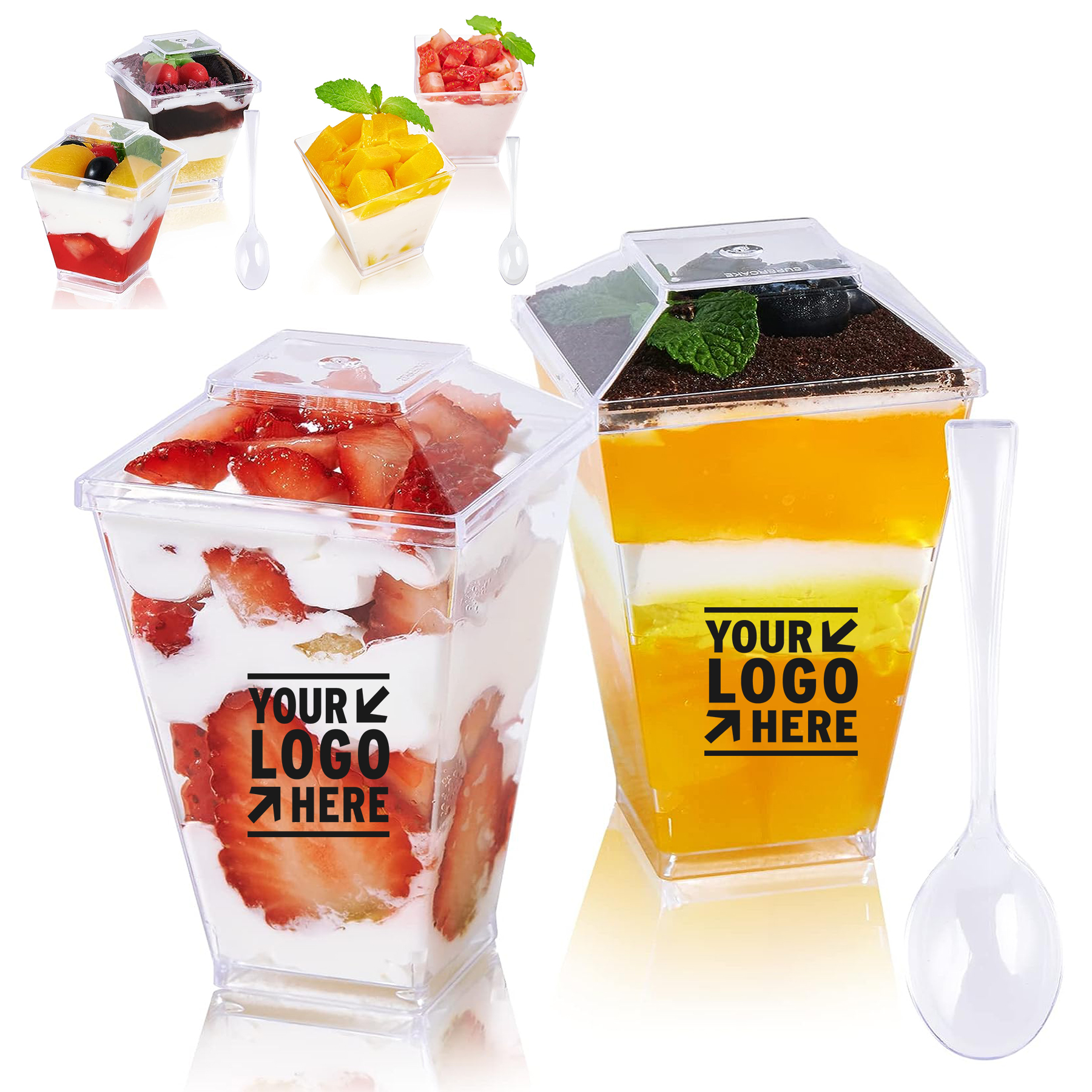 3 OZ Square Mini Reusable Serving Bowl Clear Plastic Parfait Appetizer Dessert Cup with Spoon Lid 2