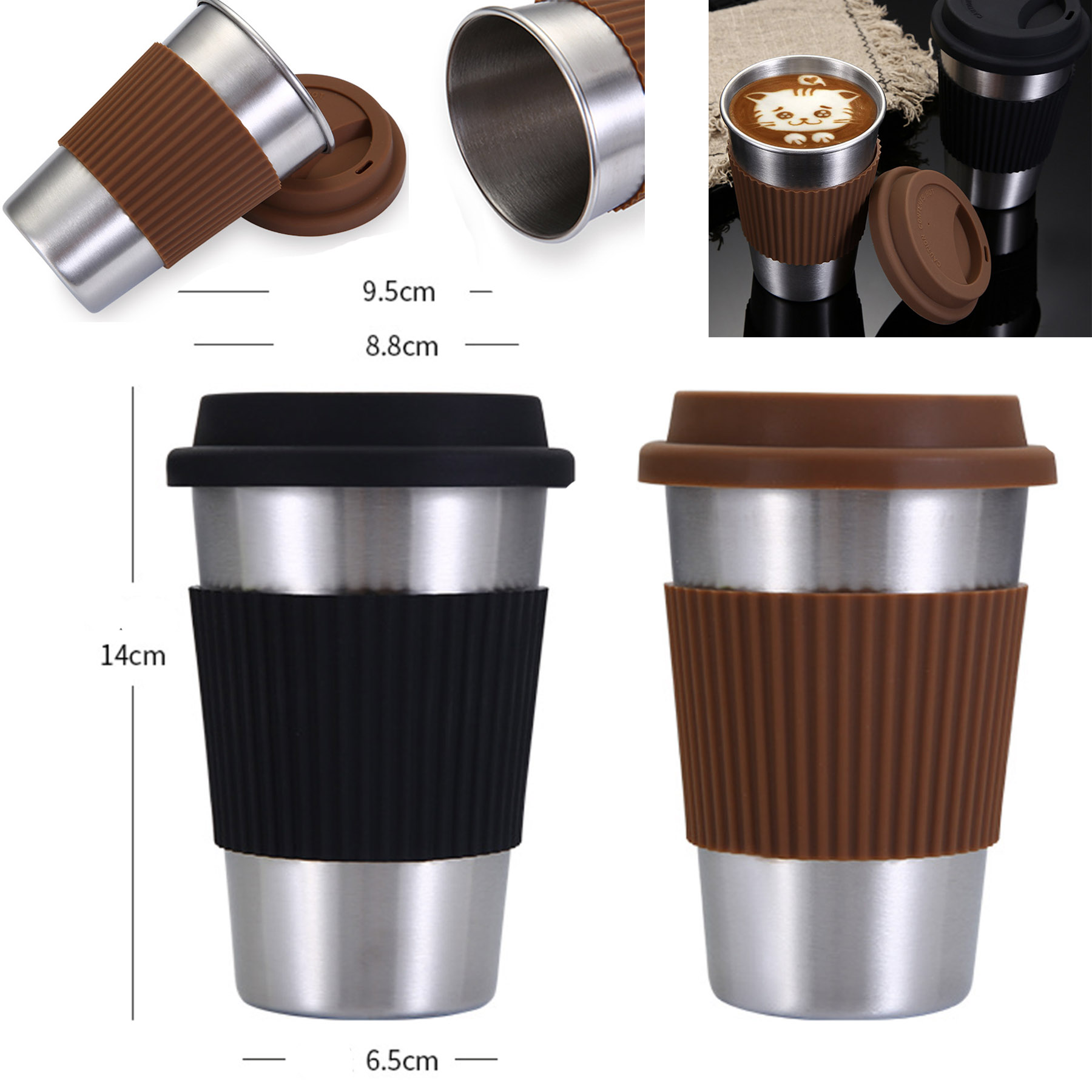 Portable Stainless Steel Coffee Tea Mug With Silicone Lids And Sleeves 1