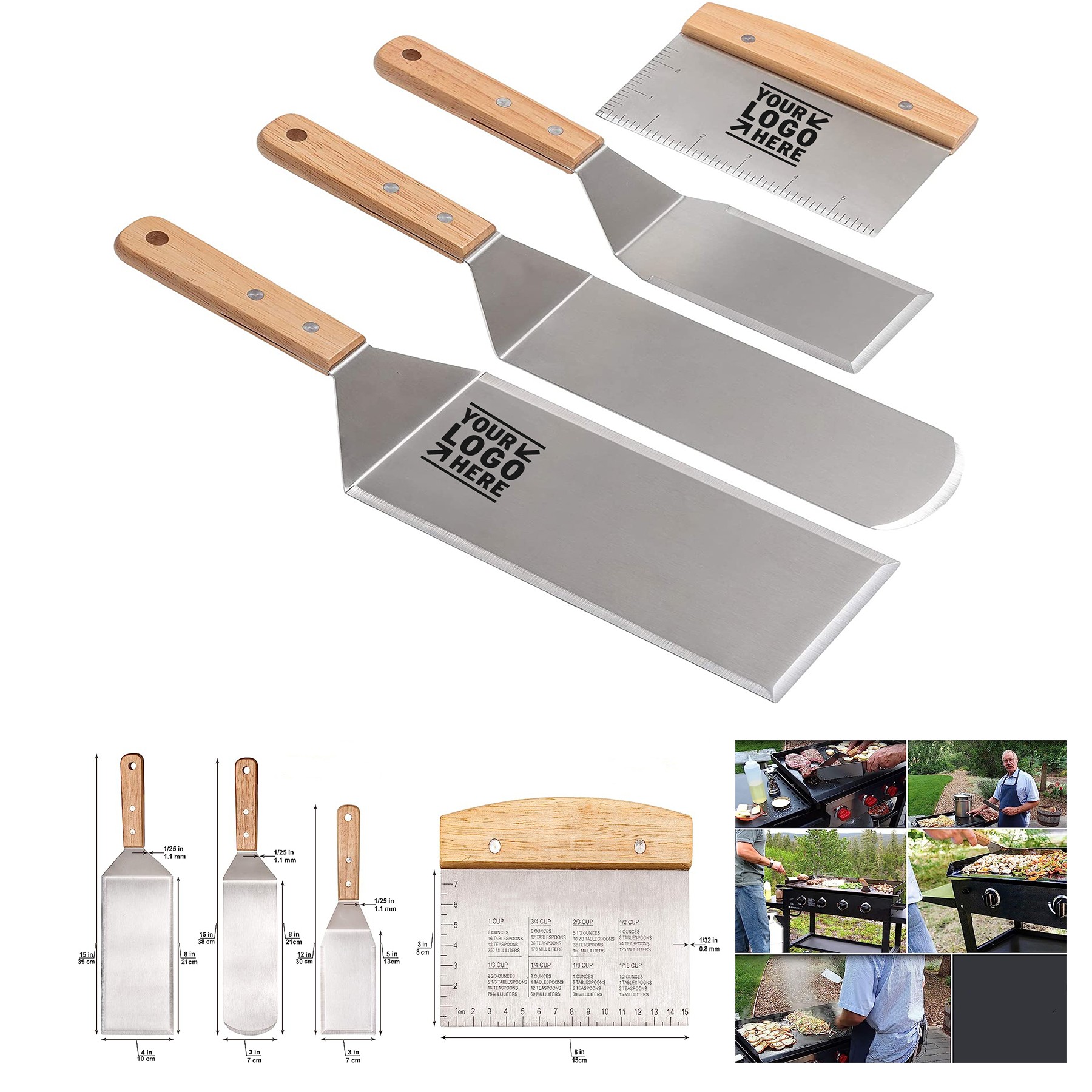 Teppaniyaki Spatulas Griddle Scraper Flat Spatula Pancake Flipper Hamburger Turner Metal Utensil Set 2