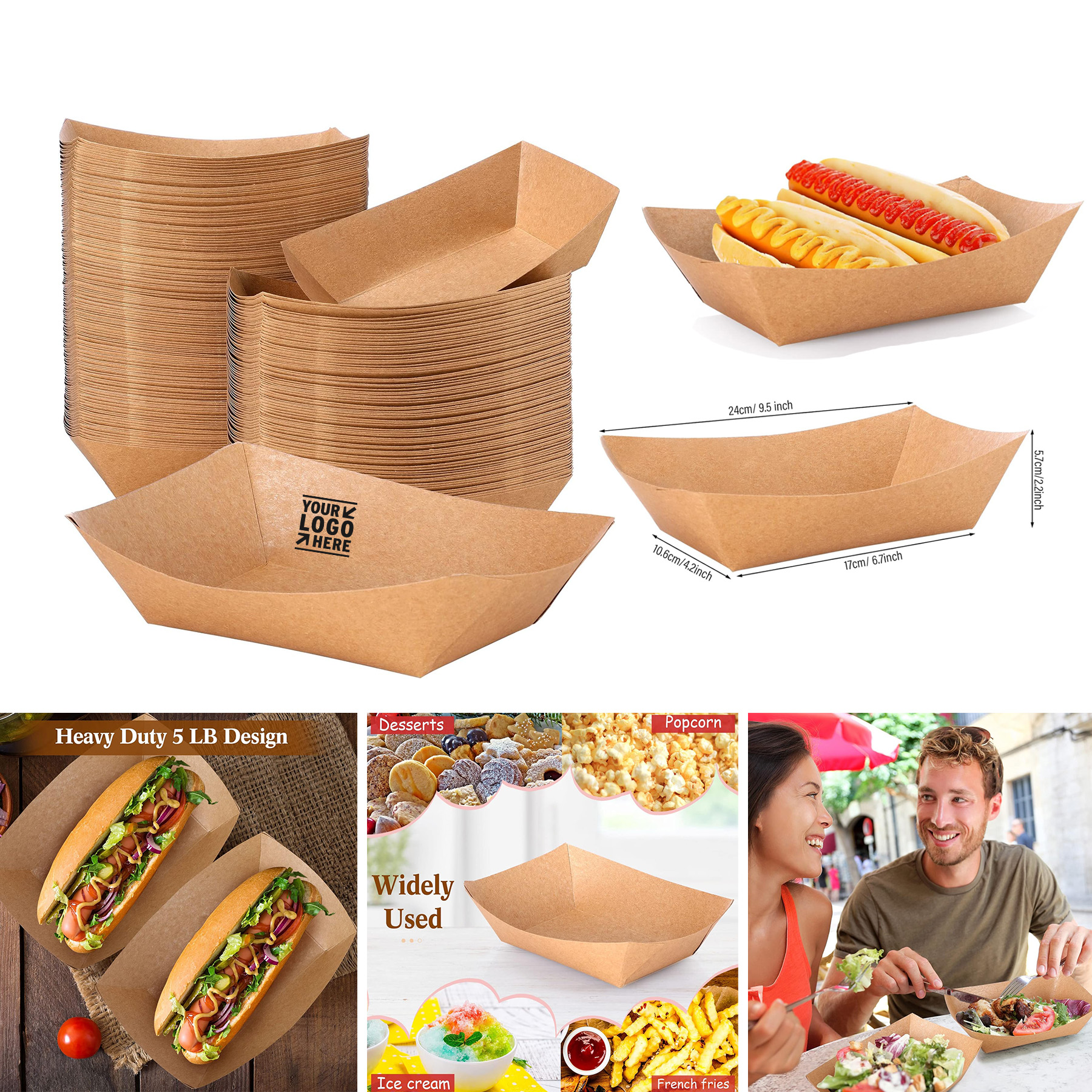 9.5 x 6.5 Inch 5 lb Disposable Kraft Paper Nacho Hot Dog BBQ Food Holder Boat Serving Tray Bulk 2