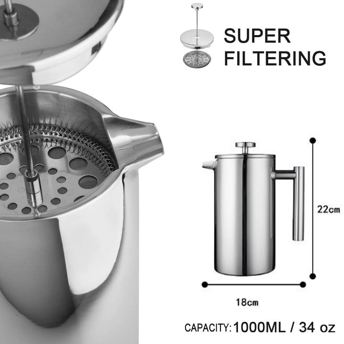 34Oz Stainless Steel French Press Coffee Maker 3