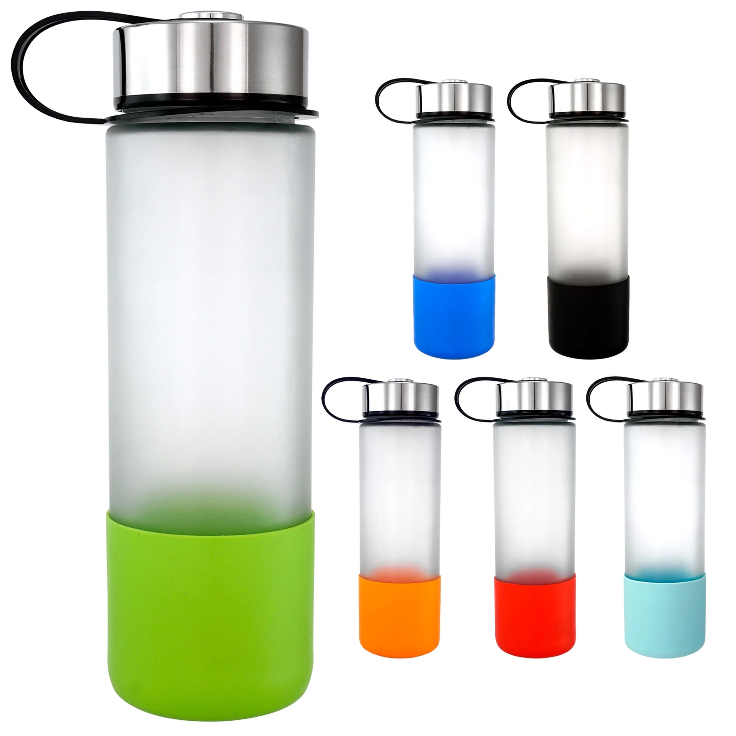 Metal Lanyard Lid 22oz. Full Color Frosted Glass Grip Bottle 11