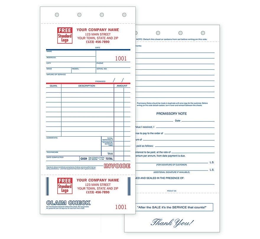 Service Order Forms with Claim Check And Carbons 1
