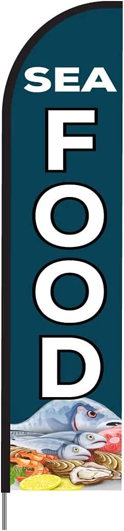Seafood Feather Flag Swooper Banner Pole Kit Outdoor Restaurant Businesses, Store Sign Display, 15ft 3