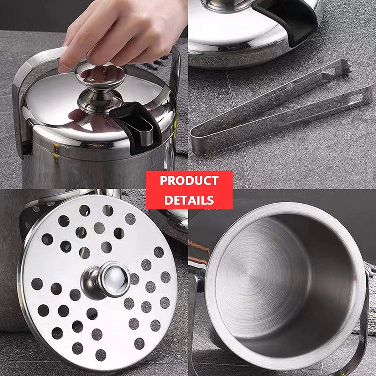 1.3L Stainless Steel Ice Bucket With Lid And Tongs 1