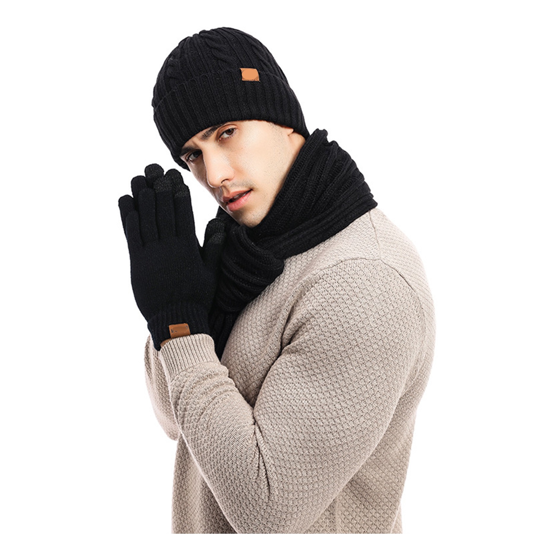 3PC Twist Pattern Wool Cashmere Beanie Scarf Gloves Set 4