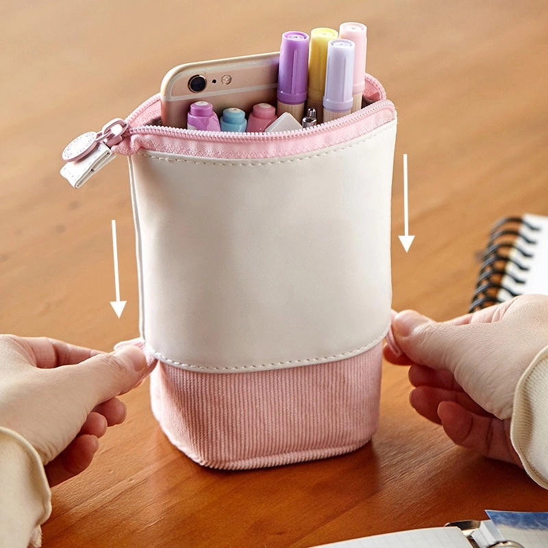 PU & Corduroy Stand-up Retractable Pen Pencil Organizer Bag 8