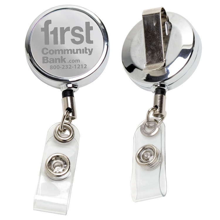 30" Cord Chrome Solid Metal Retractable Badge Reel and Badge Holder with Laser Imprint Only