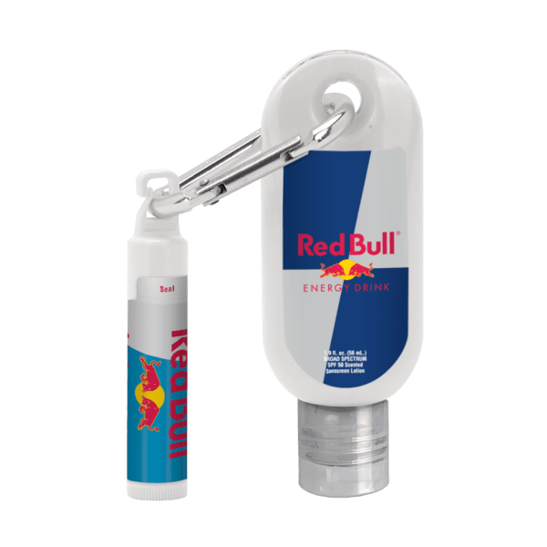 Custom 1.9 oz. SPF 50 Sunscreen with Carabiner and SPF 15 Lip Balm in White Tube with Hook Cap 2