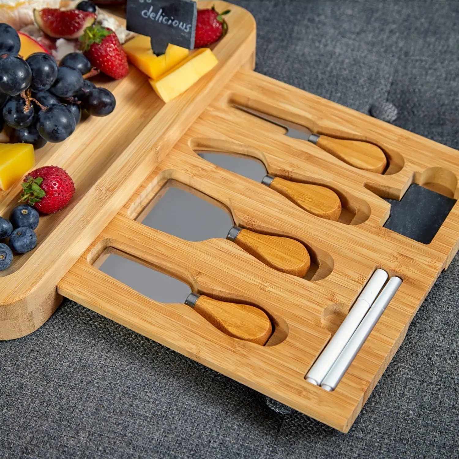 Unique Bamboo Cheese Board and Knife Set with 2 Slide-Out Cutlery Drawers 7