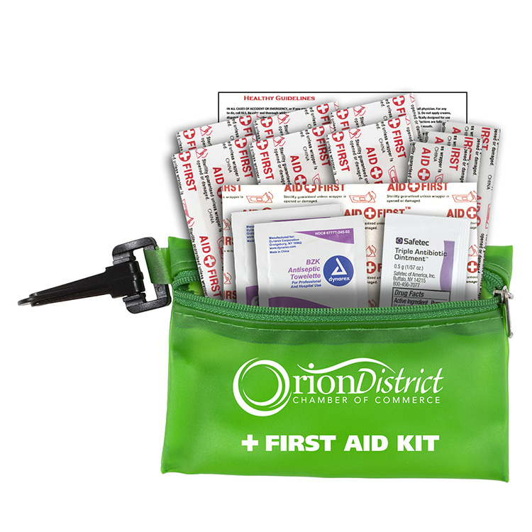 "TROUTDALE PLUS" 14 Piece First Aid Kit in Translucent Zipper Kit with Plastic Carabiner Attachment 9