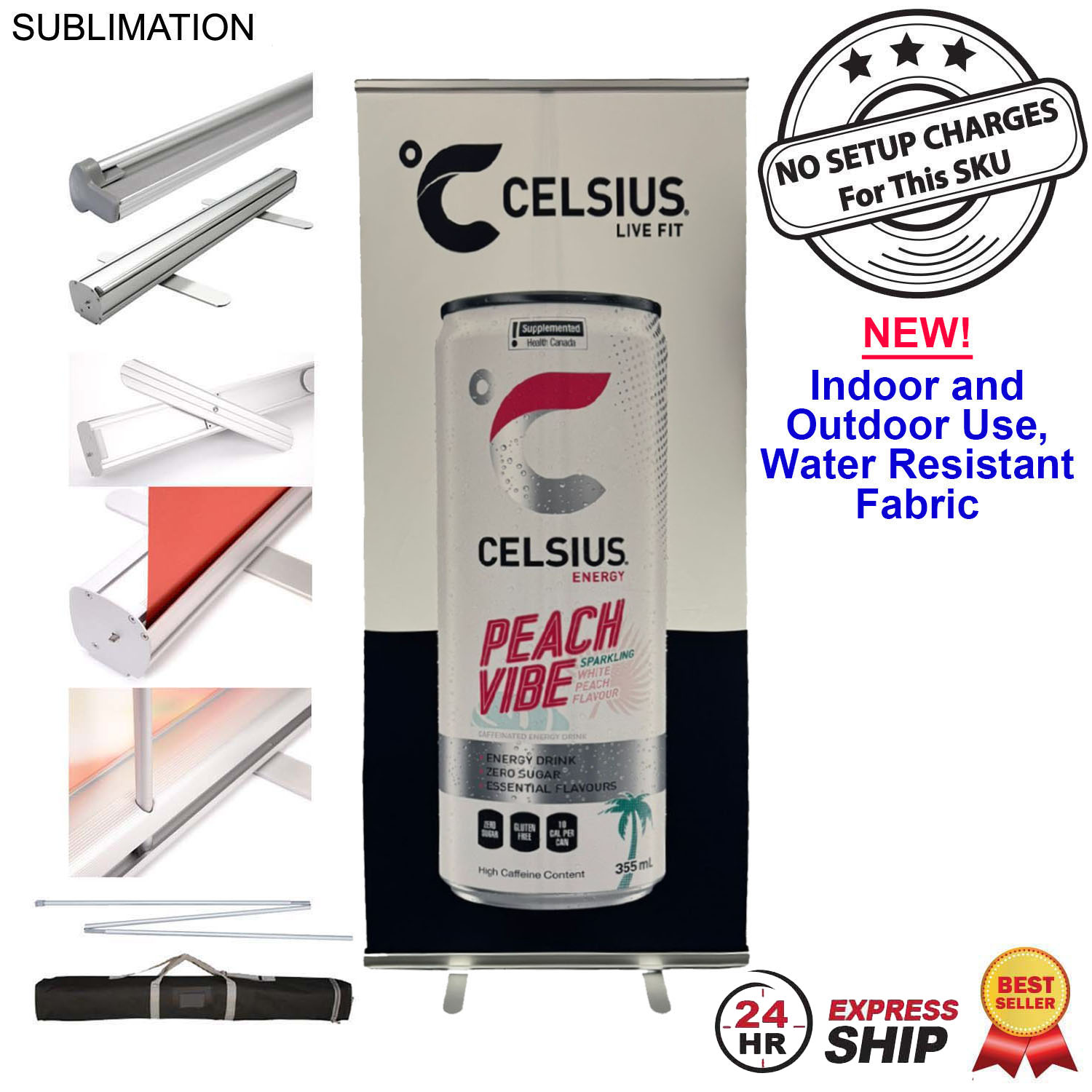24Hr Express Ship - Sublimated Heavy Fabric Premium Retractable Pull Up Banner, Stand & Bag, 33.5x79