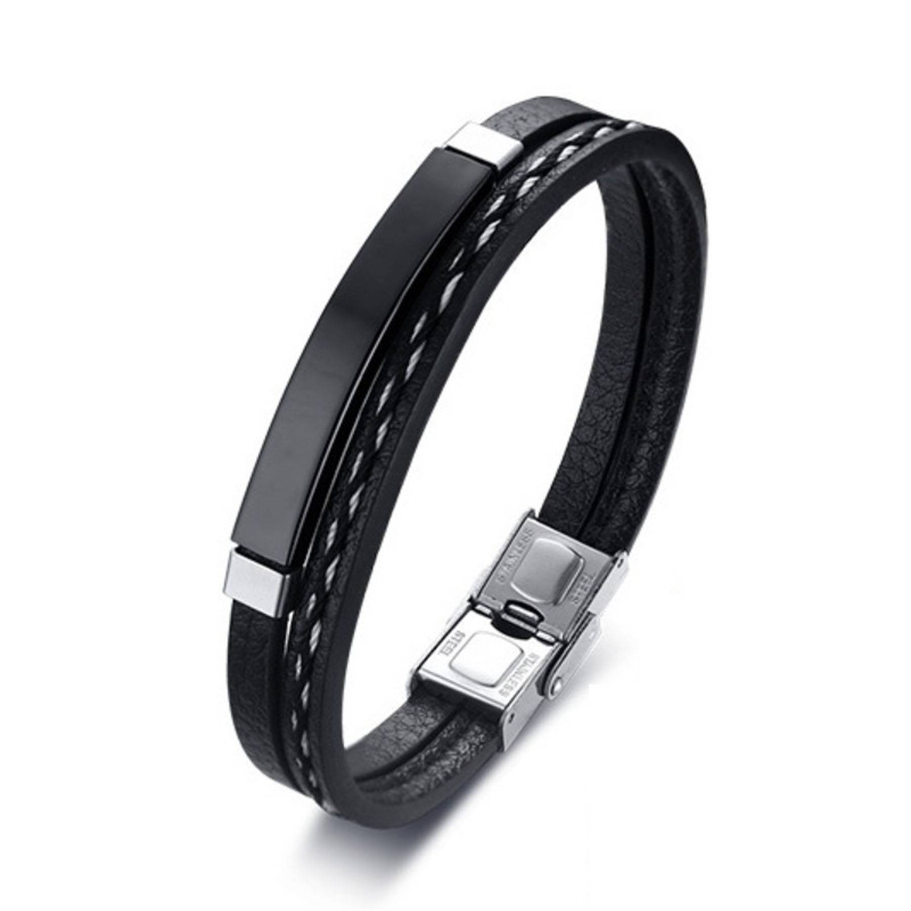 Stainless Steel Curved PU Leather Woven Bracelet 4