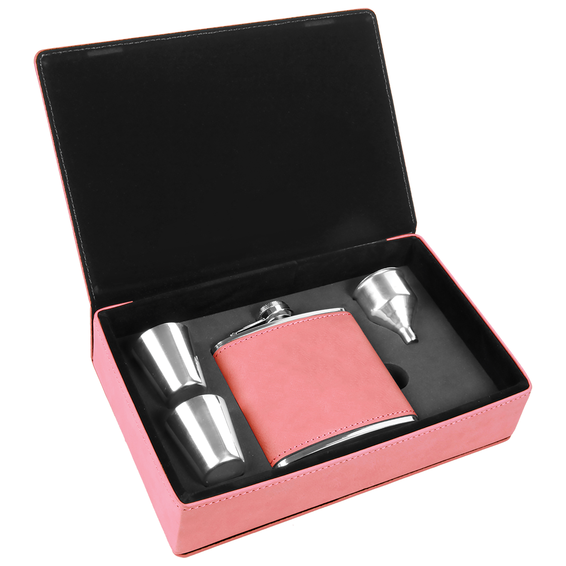 Stainless Steel Pink Leatherette Flask Gift Set 4