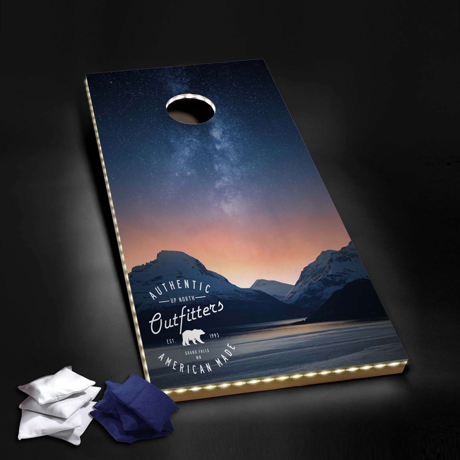 Nighttime Cornhole Plus, 4 Navy & White Bean Bags